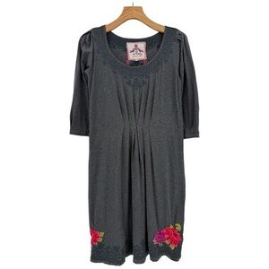 Johnny Was Charcoal Gray Midi Dress with Pink & Red Floral Embroidery